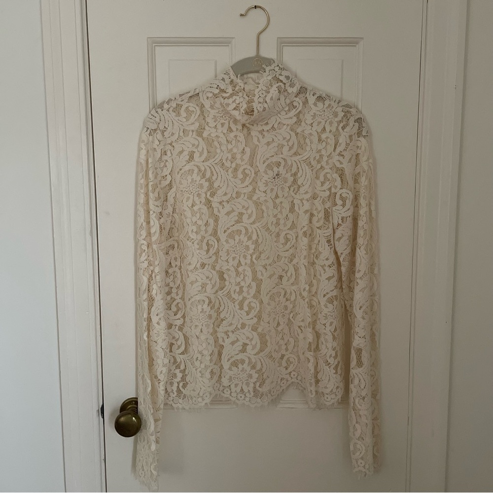 Aritzia Wilfred Dalida Mock Neck Sheer Lace Long Sleeve Blouse, Ivory, Medium
